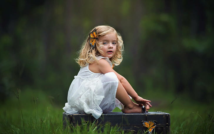 blonde, butterfly, child, cute, depth, field, girl, little, HD wallpaper