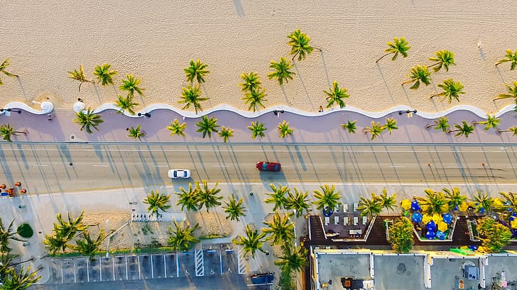road, sand, beach, palm trees, coast, FL, resort, the view from the top, from the height, Florida, from the height of bird flight, the Atlantic coast, drone, Fort Lauderdale, drone view, Palm Coast, 395 Florida A1A Fort Lauderdale, Atlantic Blvd, 26°07'04.9