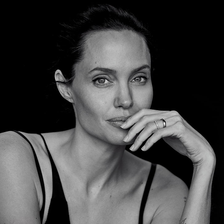 model, portrait, actress, Angelina Jolie, photographer, black and white, black background, Peter Lindbergh, Wall Street Journal, HD wallpaper