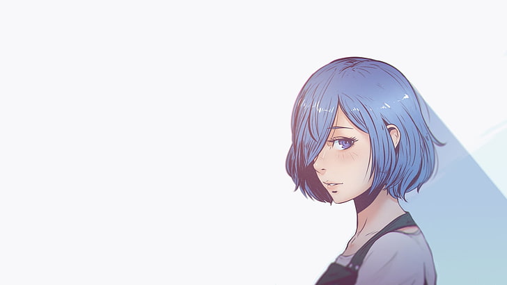fond d'écran de personnage d'anime féminin aux cheveux bleus, Kirishima Touka, anime, filles anime, cheveux bleus, yeux bleus, fond blanc, fond simple, Tokyo Ghoul, Tokyo Ghoul: re, looking at viewer, Fond d'écran HD