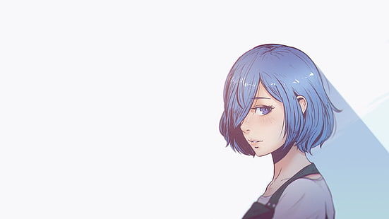 blue haired female anime character wallpaper, Kirishima Touka, anime, anime girls, blue hair, blue eyes, white background, simple background, Tokyo Ghoul, Tokyo Ghoul:re, looking at viewer, HD wallpaper HD wallpaper