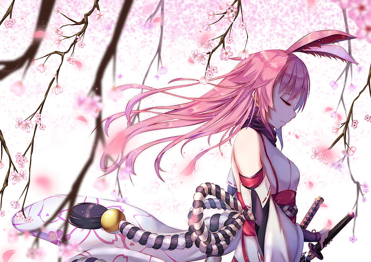 Frauen schwarz und pink floral traditionelles Kleid, tierische Ohren, Kirschblüte, japanische Kleidung, Katana, langes Haar, Blütenblätter, rosa Haar, Schwert, Waffe, HD-Hintergrundbild