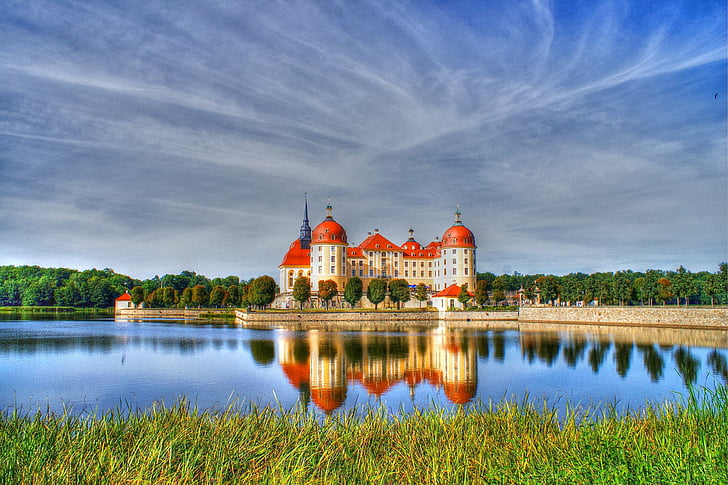 castles, cities, germany, grass, moritzburg, rivers, sky, HD wallpaper