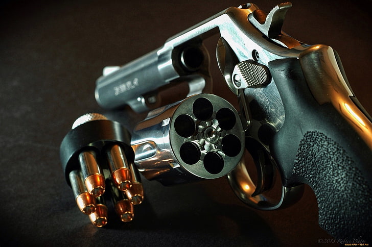 pistola revolver grigia e nera, cartucce, tamburo, revolver, armi da fuoco, Sfondo HD