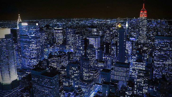 مدينة نيويورك المذهلة في الليل والأضواء والمدينة وناطحات السحاب والليل والطبيعة والمناظر الطبيعية، خلفية HD