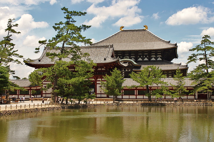 Asia, architecture, building, ancient, water, trees, HD wallpaper