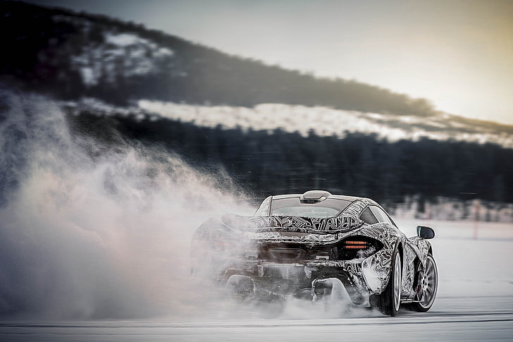 black and gray sports coupe, snow, speed, ice, skid, hypercar, Mclaren P1, HD wallpaper