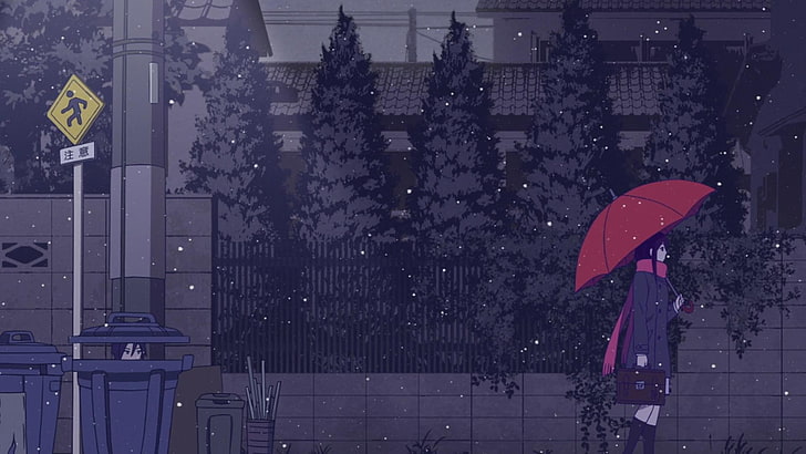 Iki Hiyori, regardant au loin, Noragami, parapluie, filles de l'anime, brune, cheveux longs, Yato (Noragami), Fond d'écran HD