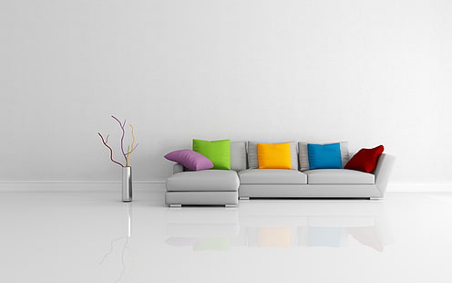 モダンなソファのカラフルな枕、グレーの革の断面ソファ、その他、白、カラフルなソファ、モダンな枕、 HDデスクトップの壁紙 HD wallpaper