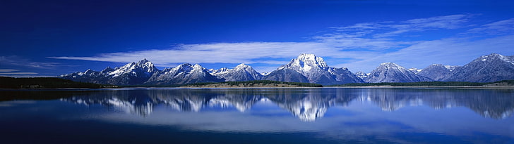 Gewässer und Bergalpen, Doppelmonitore, Berge, HD-Hintergrundbild