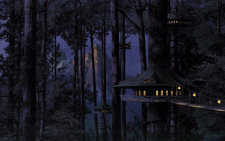 домики на дереве, произведения искусства, лес, деревья, мост, фэнтези-арт, HD обои