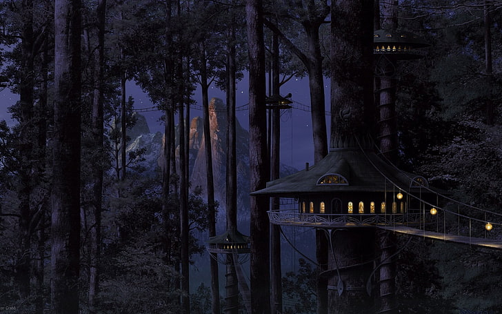 casa na árvore preta, árvores, ponte, floresta, obra de arte, arte de fantasia, casas na árvore, HD papel de parede