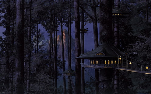 casa sull'albero nera, alberi, ponte, foresta, opera d'arte, fantasy art, case sugli alberi, Sfondo HD HD wallpaper