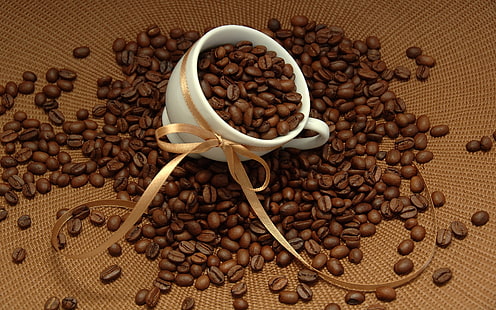 Кафе на зърна, чаша, панделка, кафе, боб, чаша, лента, HD тапет HD wallpaper