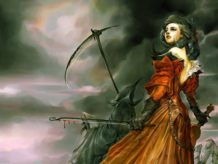woman holding violin and bow painting, girl, violin, death, blood, HD wallpaper