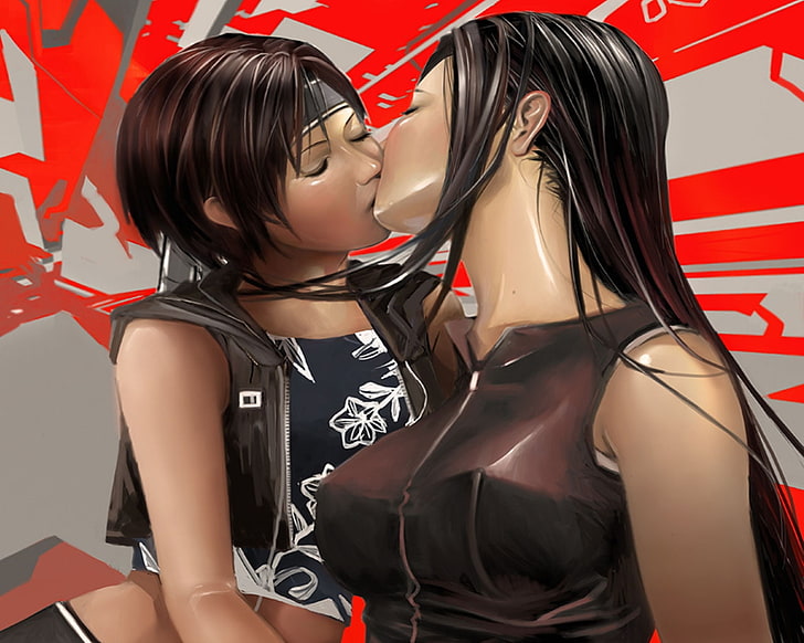 final fantasy cgi lesbians kissing yuffie kisaragi tifa lockheart 1280x1024 Videospel Final Fantasy HD Art, Final Fantasy, cgi, HD tapet