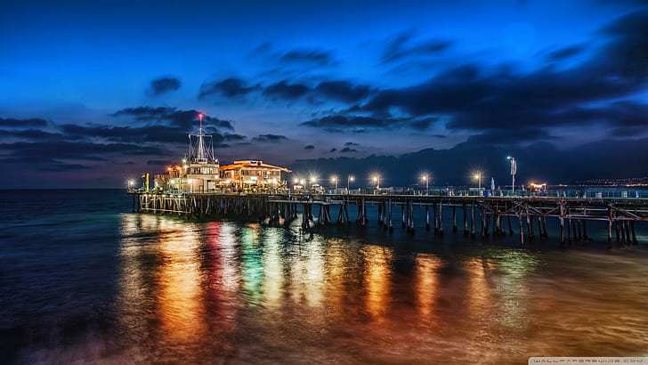 The Pier At Santa Monica At Night, beach, lights, pier, night, nature and landscapes, HD wallpaper
