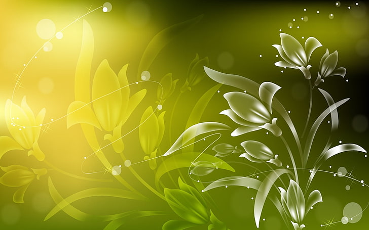белые, желтые и зеленые цветочные иллюстрации, цифровое искусство, цветы, HD обои