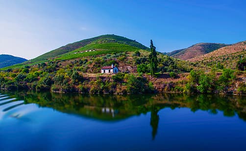 къща, отражение, река, хълмове, Португалия, река Дуро, река Дуеро, HD тапет HD wallpaper