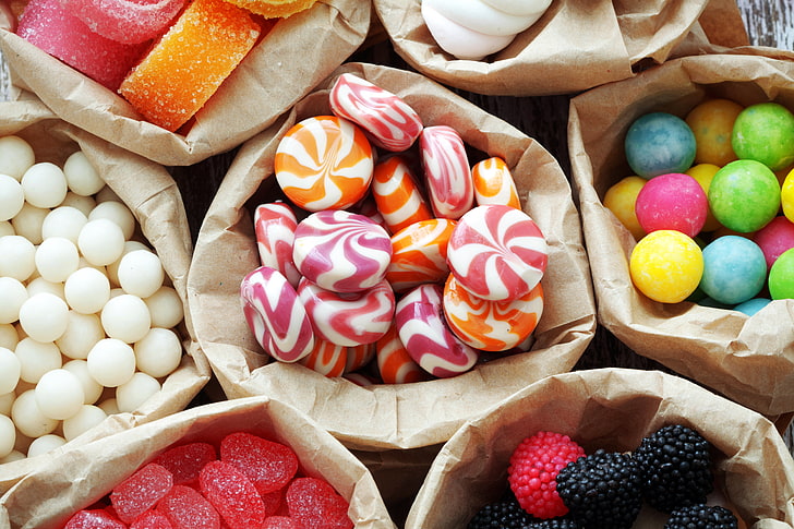 confezione di caramelle dal gusto assortito, palline, caramelle, dolci, lecca-lecca, colorati, marmellata, tagli, Sfondo HD