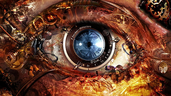 abstract, cameras, clocks, cyberpunk, eyes, futuristic, gears, lens, mechanism, steampunk, time, HD wallpaper HD wallpaper