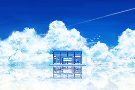 train station, sky, reflection, clouds, anime, artwork, fantasy art, bus stations, detailed, summer, digital art, anime girls, birds, blue, HD wallpaper HD wallpaper