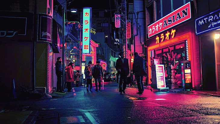 الليل ، اليابان ، المدينة ، الشارع ، النيون، خلفية HD