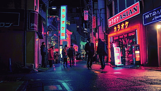 нощ, Япония, град, улица, неон, HD тапет HD wallpaper