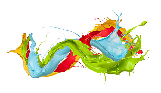 seni cair hijau, biru, merah, dan kuning, tetes, semprot, cat, warna, desain, percikan, Wallpaper HD HD wallpaper