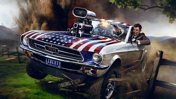 man riding US flag coupe digital wallpaper, Ford Mustang, gun, explosion, hills, USA, Ronald Reagan, humor, car, Stars and Stripes, HD wallpaper
