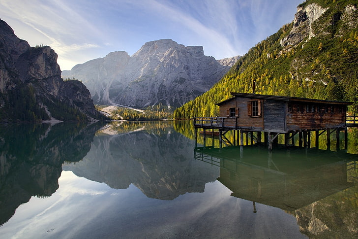 nature, landscape, photography, lake, mountains, water, cabin, forest, reflection, Italy, HD wallpaper
