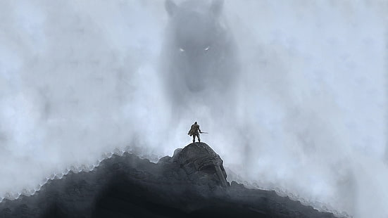espada negra de hombre, hombre con espada en formación de roca negra, vikingos, mitología, arte de fantasía, casco, lobo, niebla, guerrero, Fenrir, Fondo de pantalla HD HD wallpaper