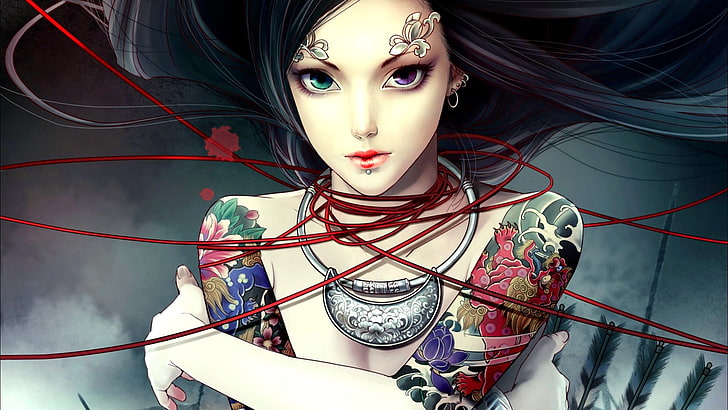 female anime character with skin tattoos digital wallpaper, women, tattoo, digital art, anime girls, piercing, anime, HD wallpaper