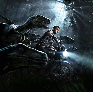 Jurassic World mężczyzna w motocyklu z tapetą z drapieżnikami, Chris Pratt, Jurassic World, Velociraptors, Tapety HD HD wallpaper