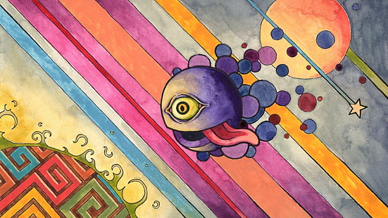 ilustrasi warna-warni dari monster, warna-warni, seni digital, abstrak, garis, mata, lidah, lingkaran, bintang, psychedelic, surealis, Wallpaper HD HD wallpaper