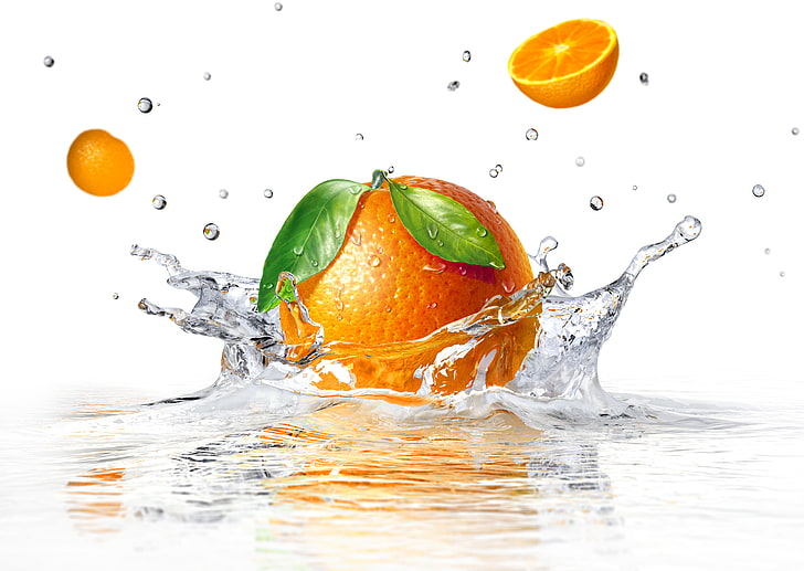 オレンジ色の果物、水、ホヤ、オレンジ、白背景、スプレー、 HDデスクトップの壁紙