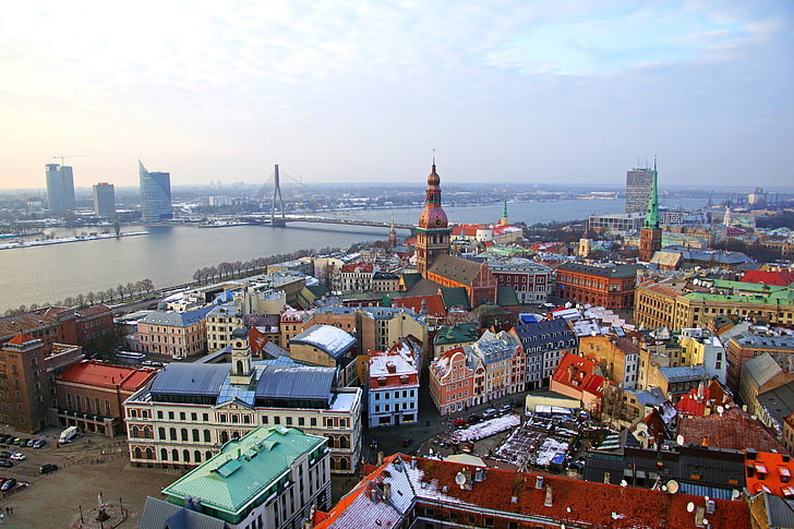 invierno, puente, río, hogar, Riga, Letonia, Fondo de pantalla HD
