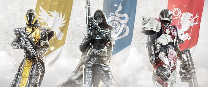 papel de parede de três personagens com armas, Destiny 2, videogame, caçador, titã, Bruxo, destino, HD papel de parede