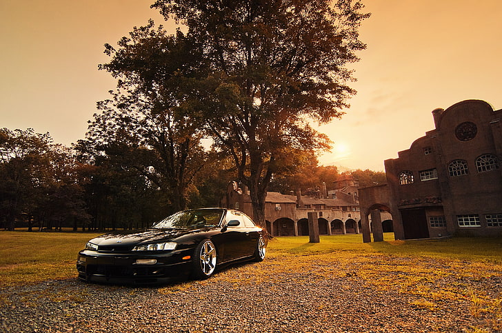 black coupe parked near building during sunset, Stance, nissan silvia, Nissan, Silvia S14, Kouki, car, vehicle, HD wallpaper