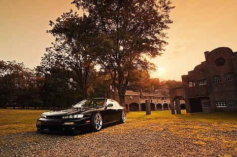 schwarzes Coupé geparkt in der Nähe von Gebäude während des Sonnenuntergangs, Haltung, Nissan Silvia, Nissan, Silvia S14, Kouki, Auto, Fahrzeug, HD-Hintergrundbild HD wallpaper