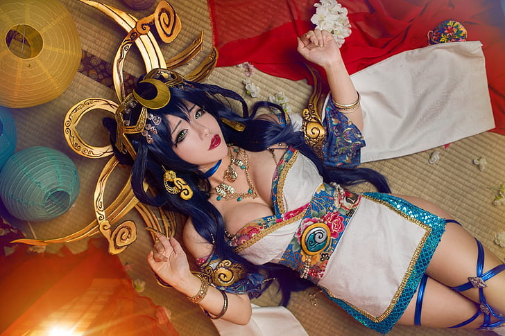 white, chest, look, girl, light, decoration, red, face, pose, style, tape, background, room, feet, hair, interior, hands, makeup, figure, brunette, hairstyle, costume, purple, lantern, outfit, floor, neckline, lies, image, Asian, gold plated, hip, blue, cosplay, long-haired, headdress, HD wallpaper