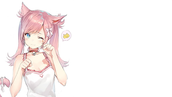 anime girl, pink hair, animal ears, wink, cat girl, neko, moe, collar, Anime, HD wallpaper
