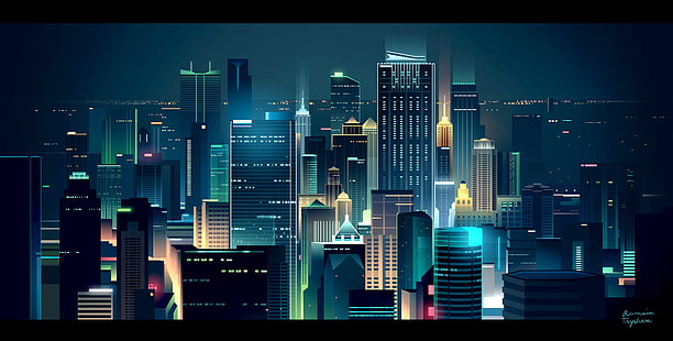 тапет за илюстрация на сграда, илюстрация на високи сгради, Romain Trystam, дигитално изкуство, градски пейзаж, градски светлини, цветно, силует, HD тапет HD wallpaper