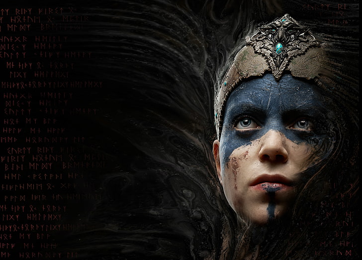 човек със синя боя върху илюстрация на лице, Игра, Теория за нинджа, Hellblade: Senua’s Sacrifice, HD тапет