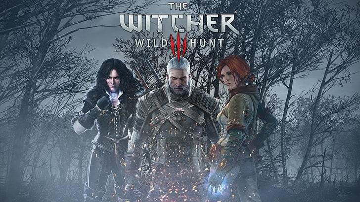Papel de parede de The Witcher Wild Hunt 3, The Witcher, The Witcher 3: Wild Hunt, Geralt de Rivia, Yennefer de Vengerberg, Triss Merigold, logotipo, videogames, HD papel de parede