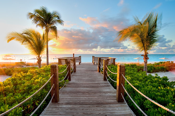 resort, mar, 4k, turismo, 5k, Islas Turcas y Caicos, cielo, vacaciones, mejores playas de 2017, palmeras, nubes, viajes, océano, Fondo de pantalla HD