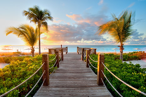 resort, mar, turismo, 5k, Ilhas Turks e Caicos, céu, férias, melhores praias de 2017, palmeiras, nuvens, viagem, oceano, HD papel de parede HD wallpaper