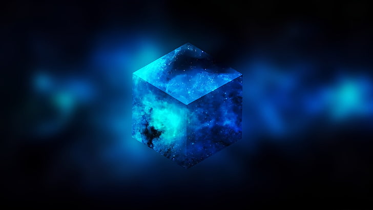 шестоъгълник синьо и черно цифрови тапети, пространство, минимализъм, куб, 3D, синьо, абстрактно, HD тапет