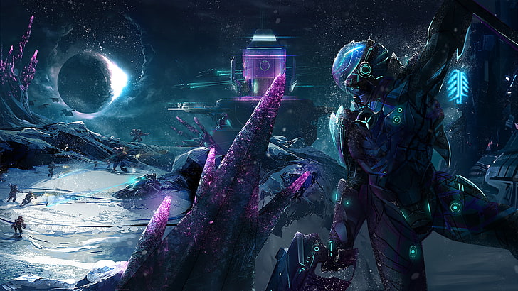 Ilustración robot púrpura y gris, ciencia ficción, futurista, batalla, espacio, hielo, nave espacial, robot, Planetside 2, soberanía Vanu, videojuegos, Fondo de pantalla HD