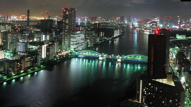 городской пейзаж фото, токио, мост, река, здания, ночь, HD обои